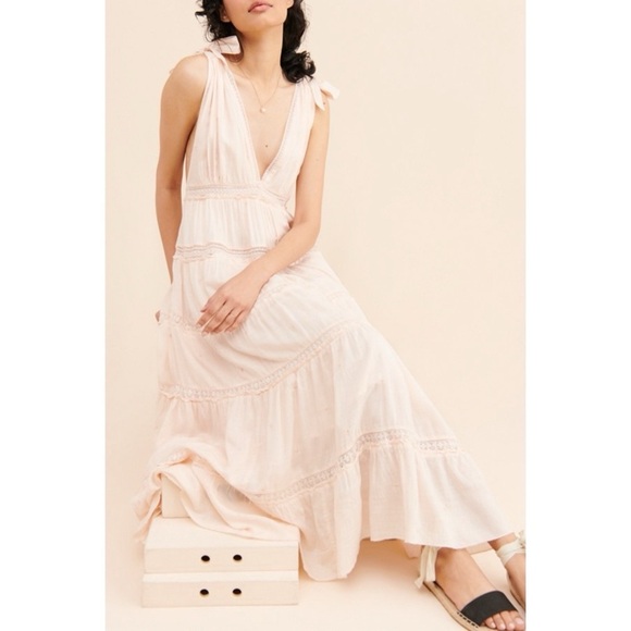 FREE PEOPLE lily of the valley light pink ruffle bow tie maxi dress event XL - Picture 1 of 11